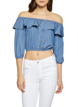 Womens Off The Shoulder Trend Rainbow Chambray Off The Shoulder Top 1004058751163