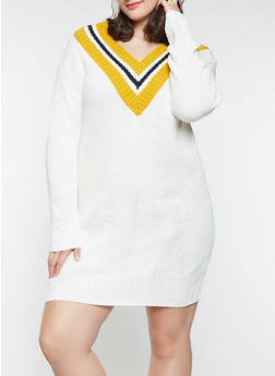 Plus Size Dresses Rainbow Plus Size Contrast Trim Sweater Dress 1930015996621