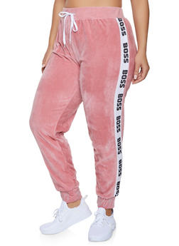 Plus Size Boss Graphic Trim Velour Sweatpants 1951038342785 Plus Size Boss Graphic Trim Velour Sweatpants 1951038342785