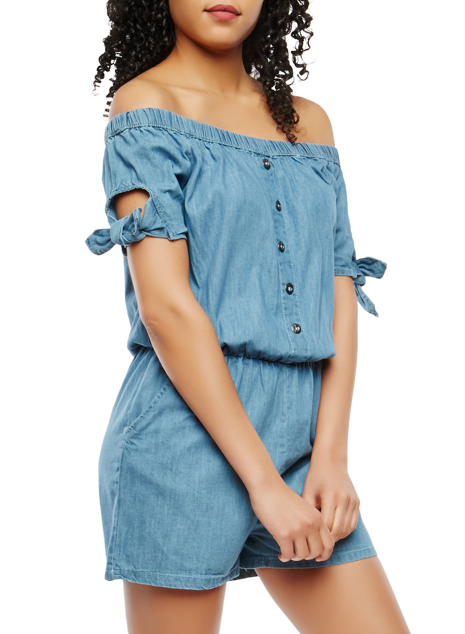 Tie Sleeve Chambray Romper