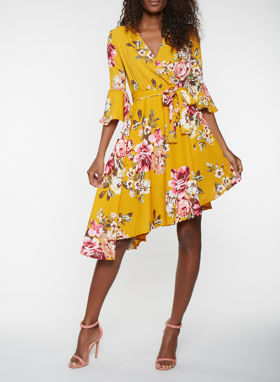 Floral Faux Wrap Bell Sleeve Dress