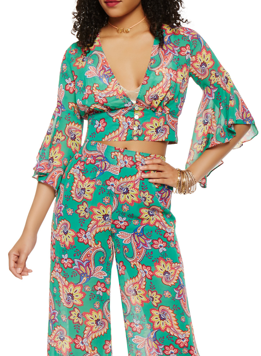 Printed Bell Sleeve Crop Top