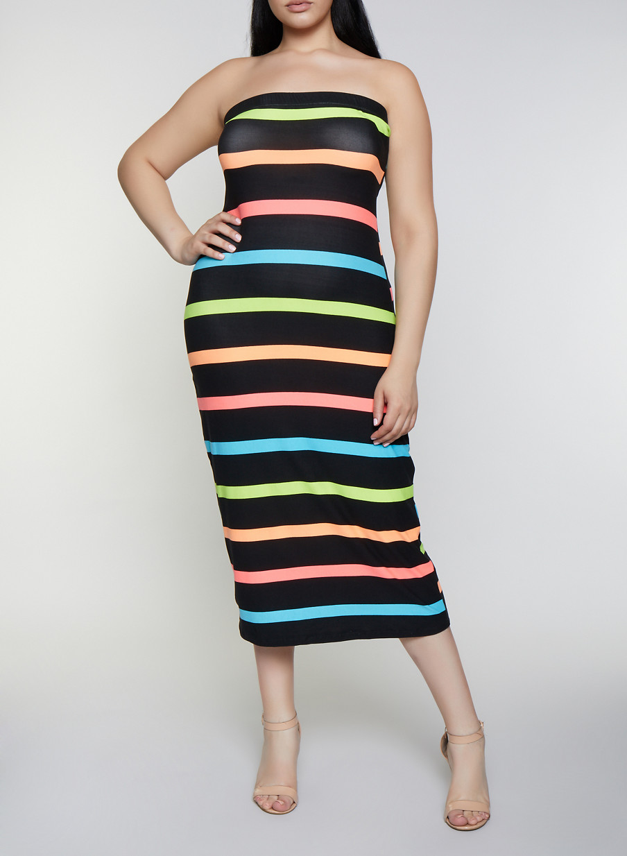 Plus Size Striped Tube Midi Dress,BLACK,large | Mid length dresses ...