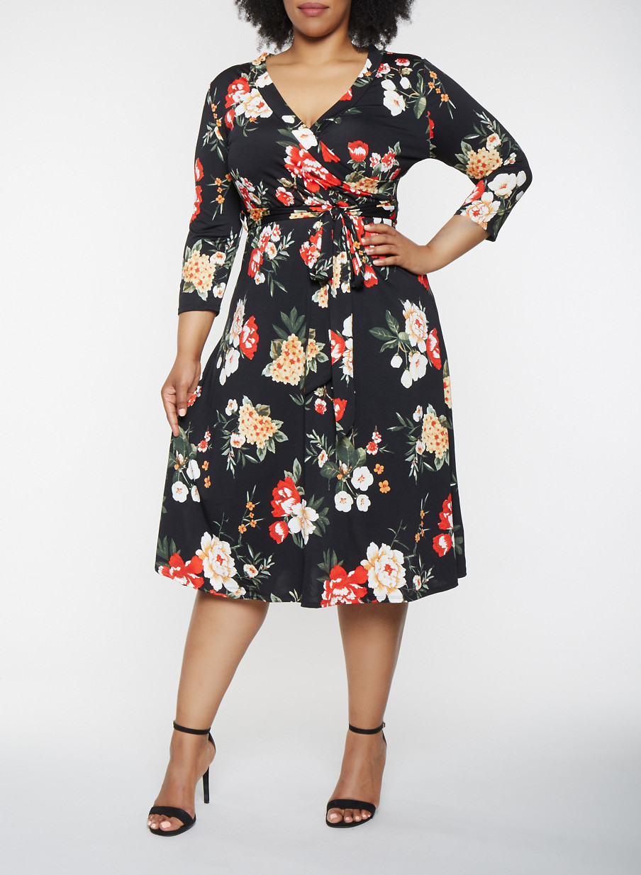 Plus Size Faux Wrap Floral Dress with Sleeves
