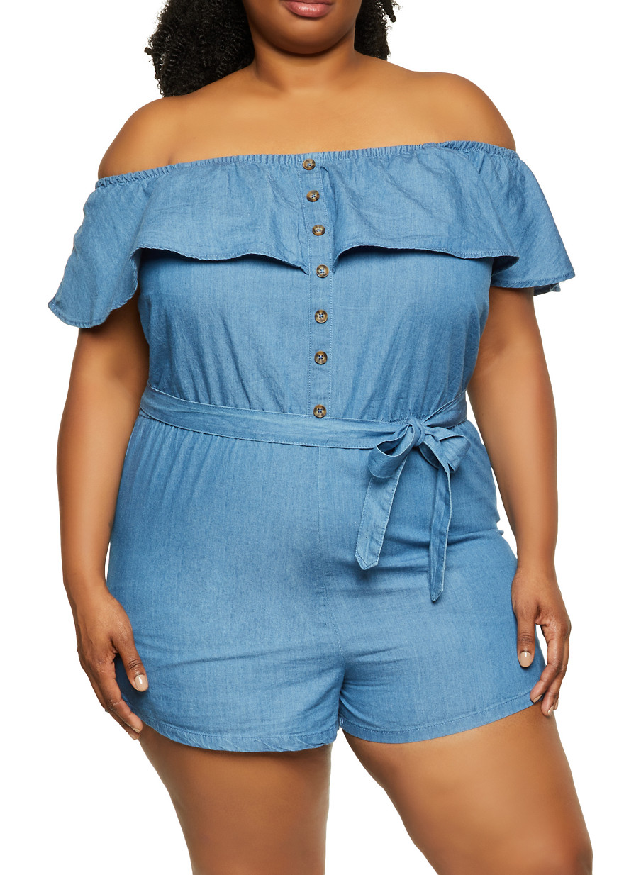 Plus Size Off the Shoulder Denim Romper