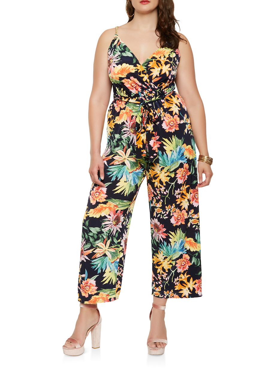 Plus Size Floral Chain Faux Wrap Jumpsuit