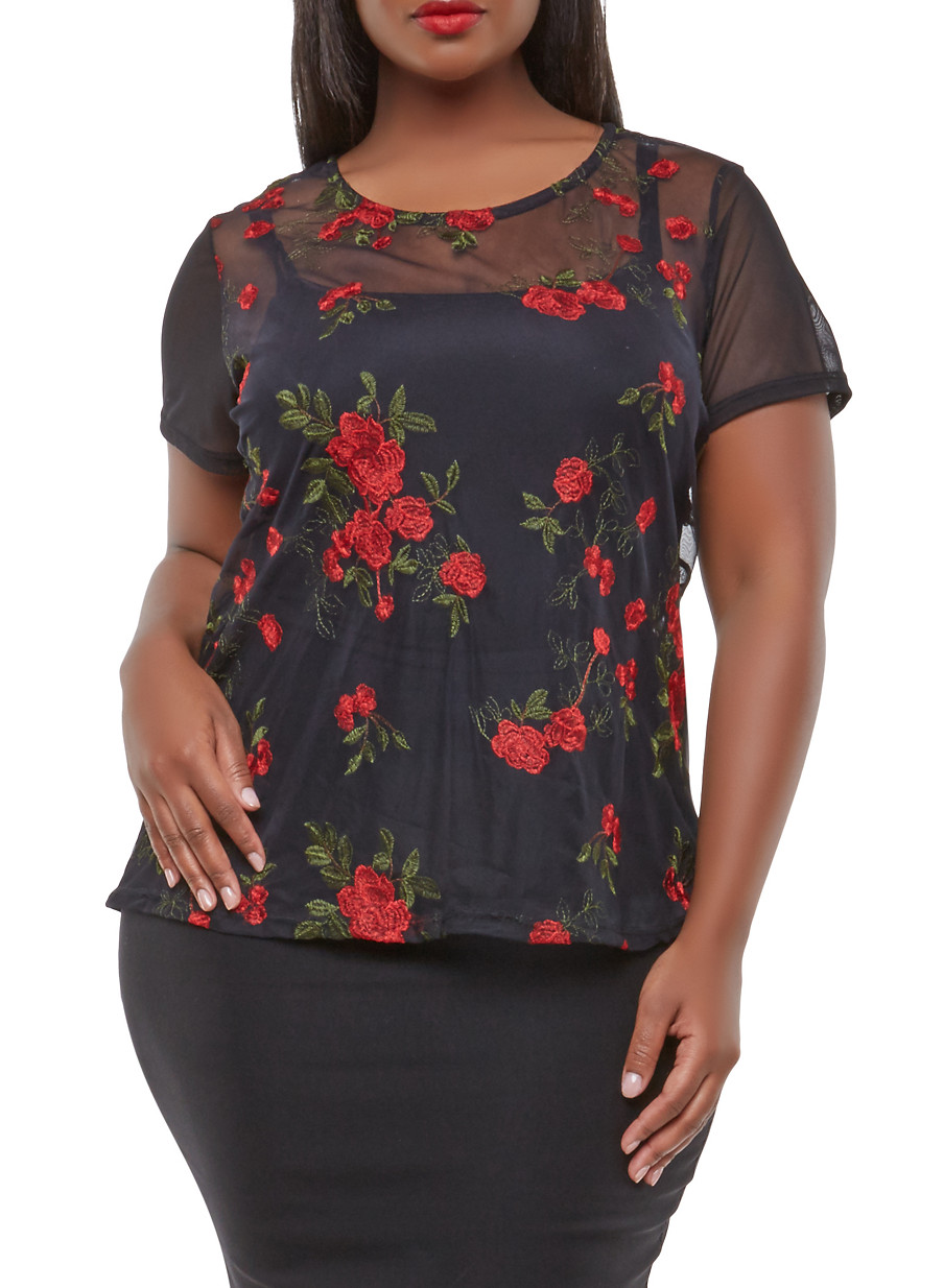 Plus Size Embroidered Mesh Top