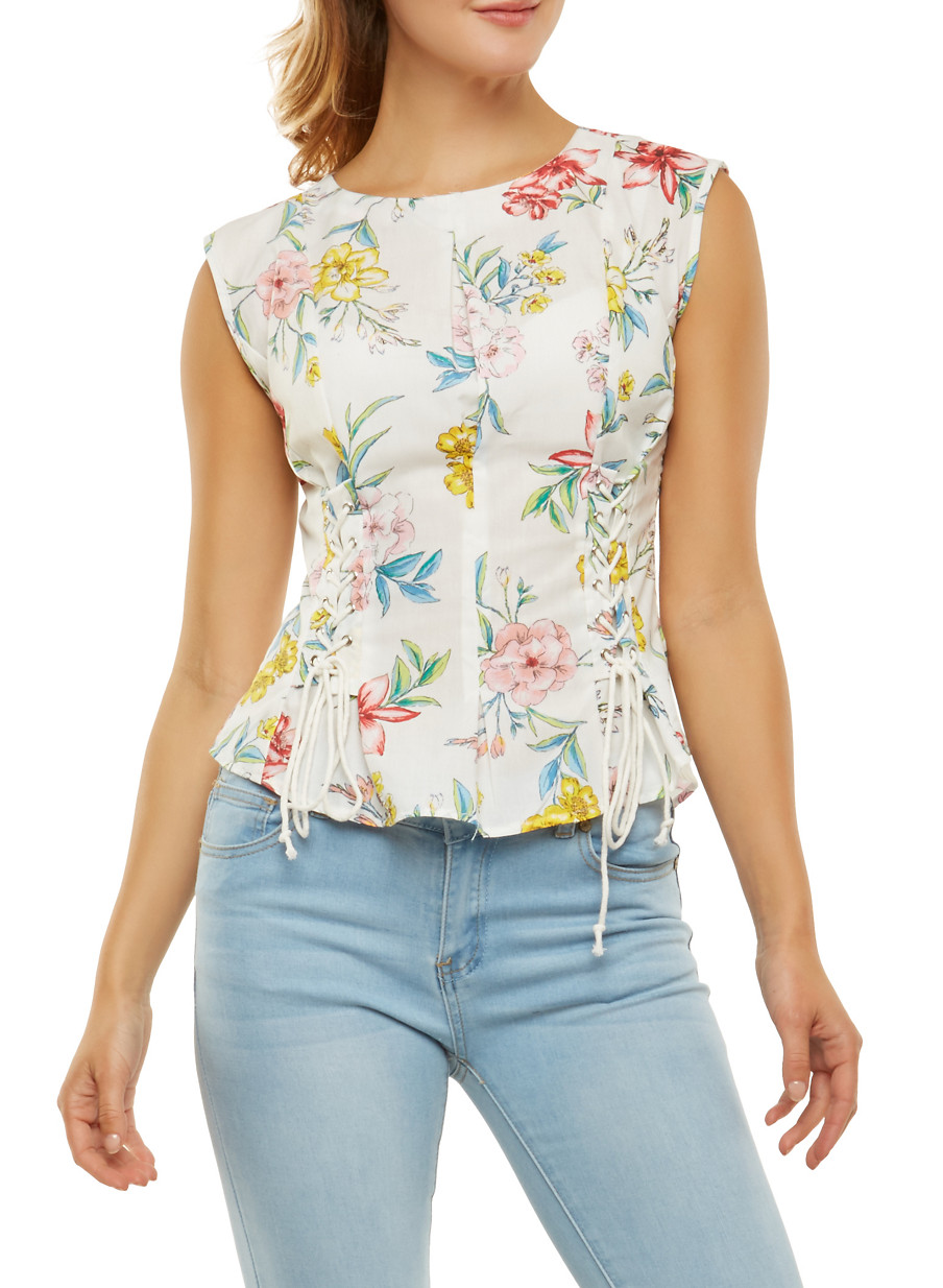 Lace Up Detail Floral Top