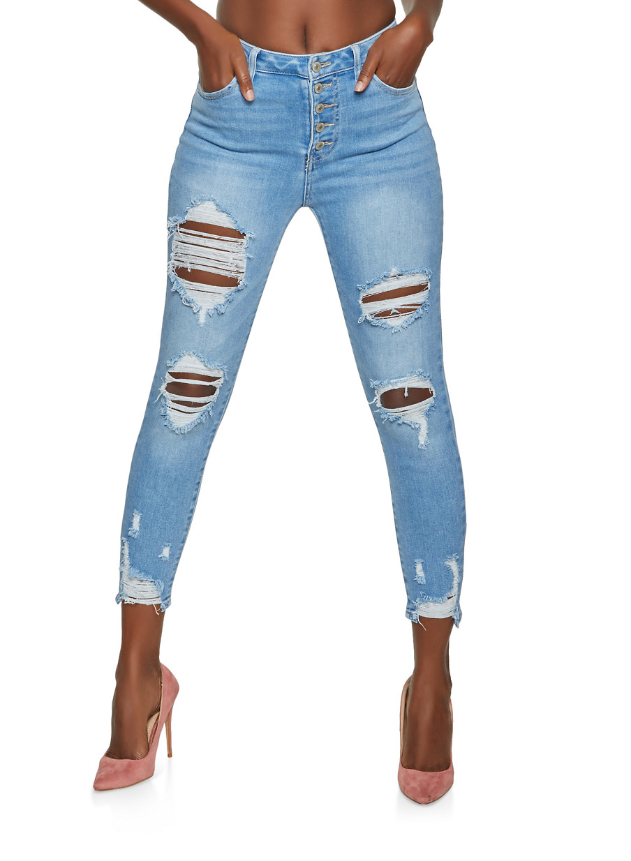 distressed hem skinny jeans