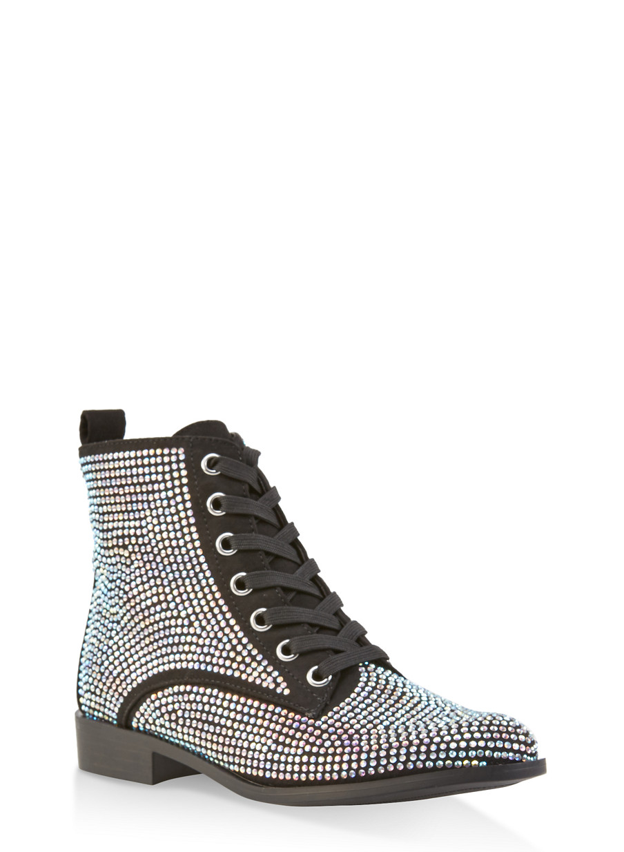 Rhinestone Studded Lace Up Ankle Booties