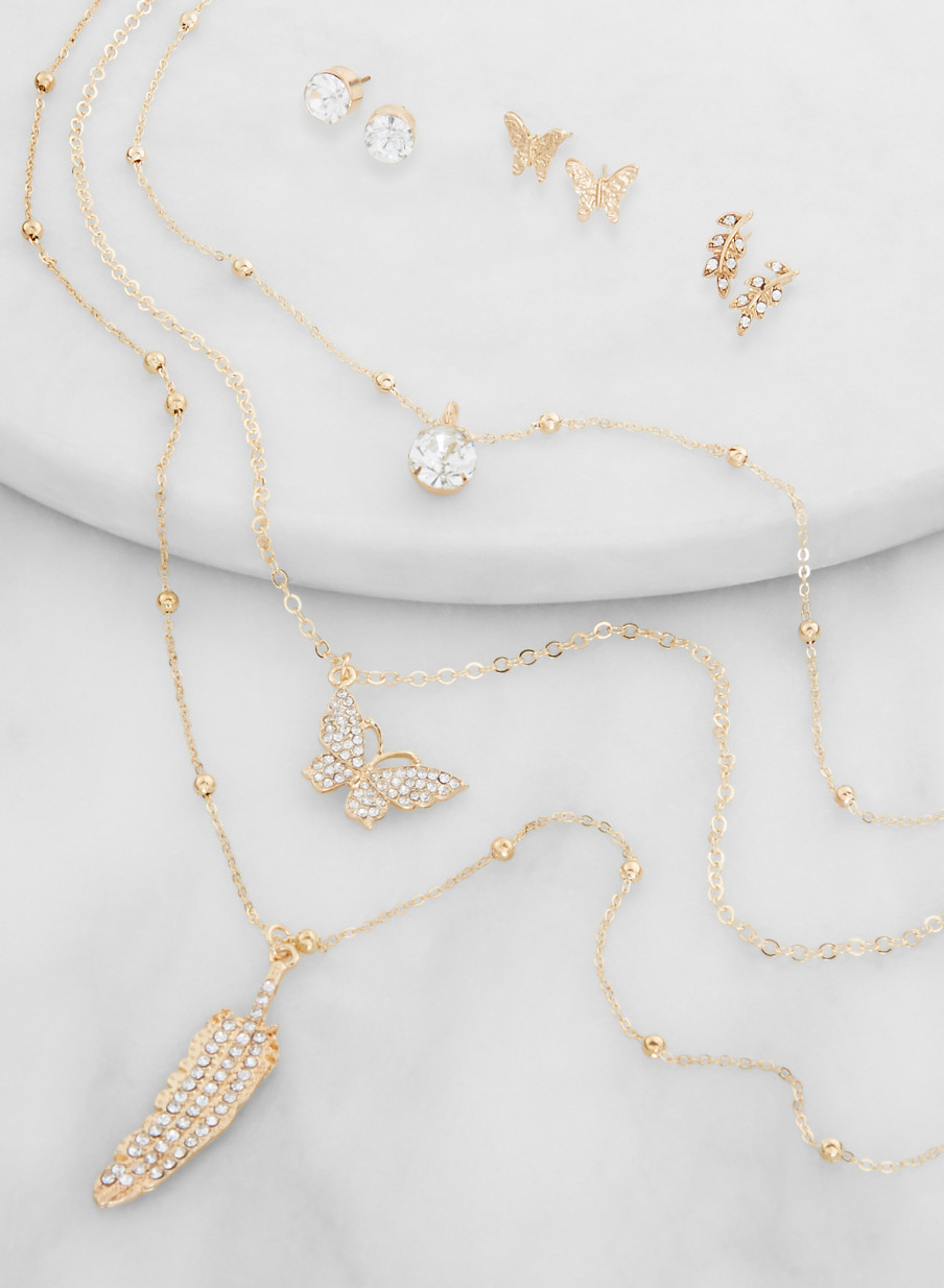 Download Butterfly Layered Chain Necklace And Stud Earring Trio