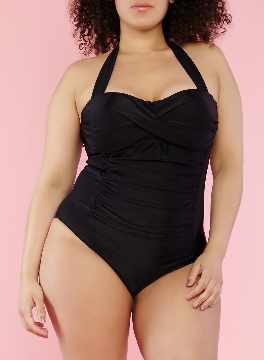 Plus Size Halter Neck One Piece Swimsuit