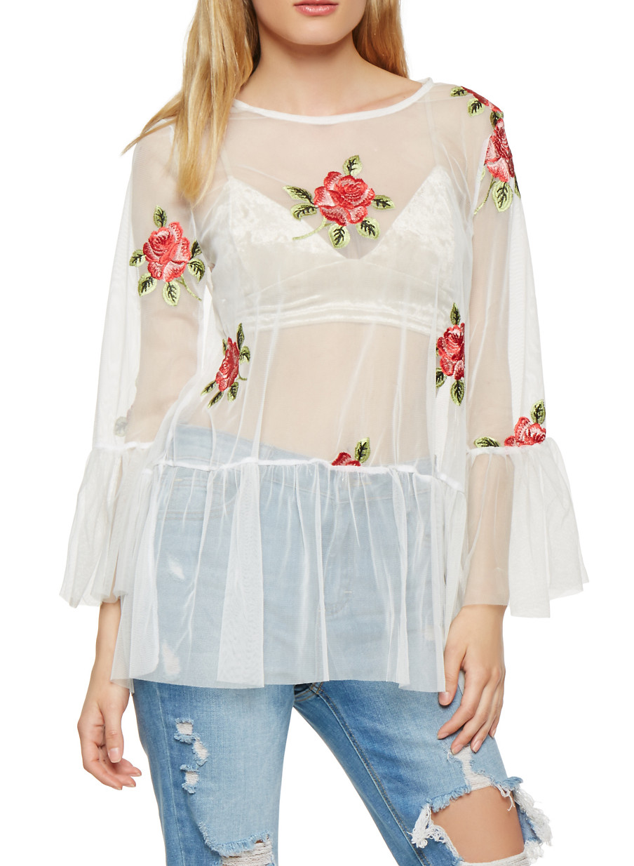 Floral Embroidered Mesh Tunic Top