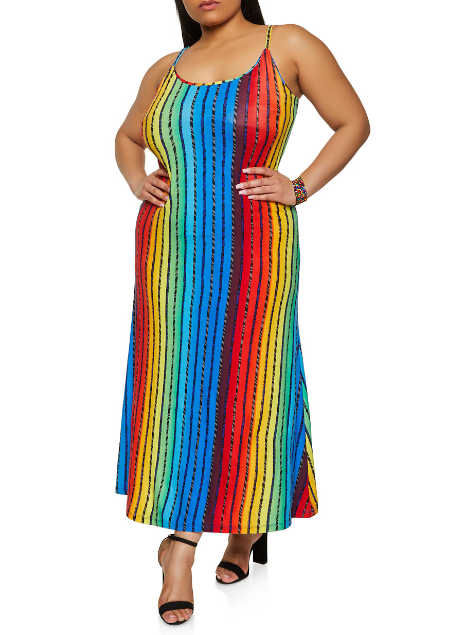 Casual Indoor Outdoor Vacation Clothes Ladies Plus Size Spaghetti Strap Tie Waist Maxi Dresses XXL, Multicolor Women Striped Colorful Dress