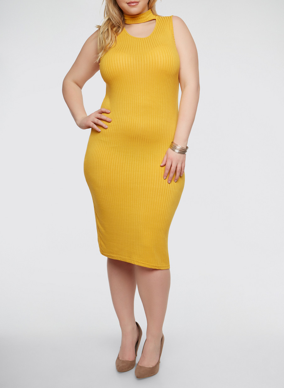 Plus Size Rib Knit Choker Neck Dress