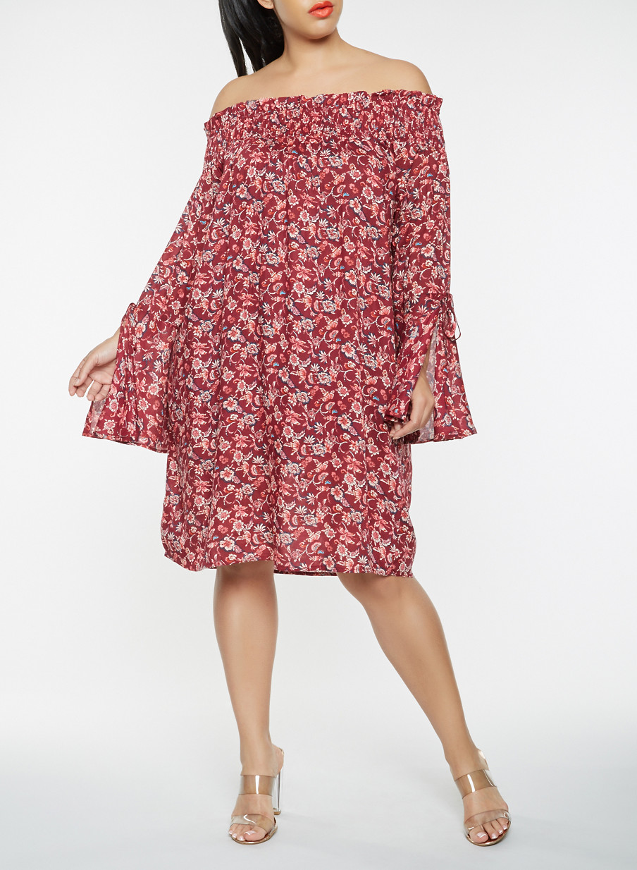 Plus Size Floral Off the Shoulder Bell Sleeve Dress