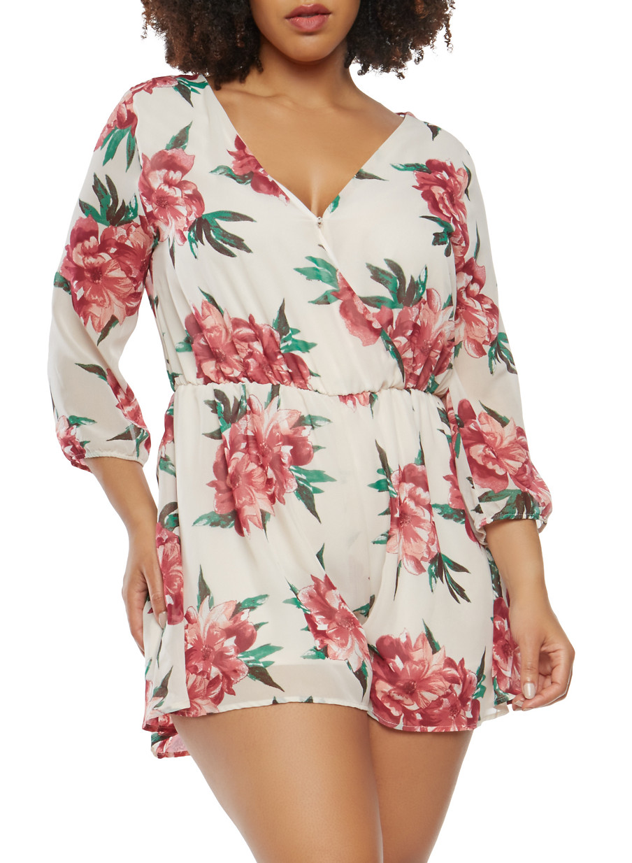 Plus Size Printed Faux Wrap Romper