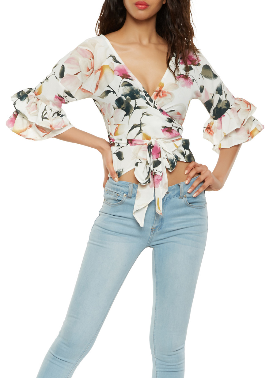 Floral Tiered Sleeve Wrap Top