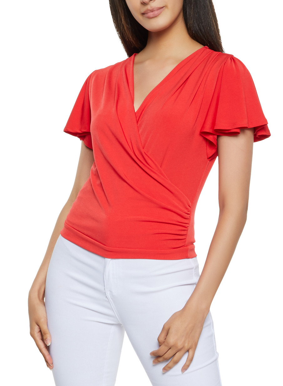 red wrap top short sleeve