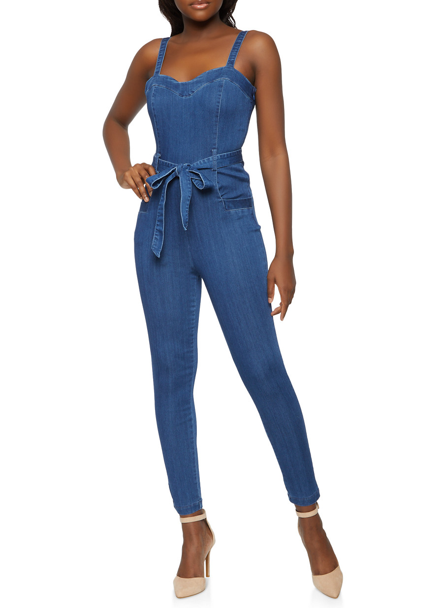 tie waist denim jumpsuit