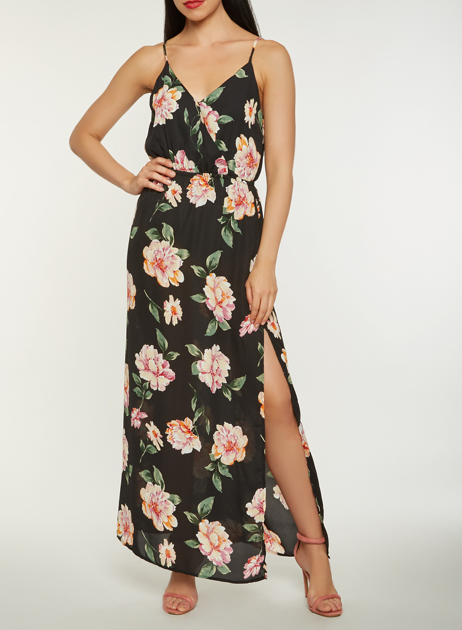 Floral Faux Wrap Slit Maxi Dress