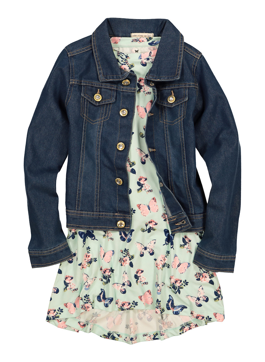 Little Girls Butterfly Printed Dress With Denim Jacket