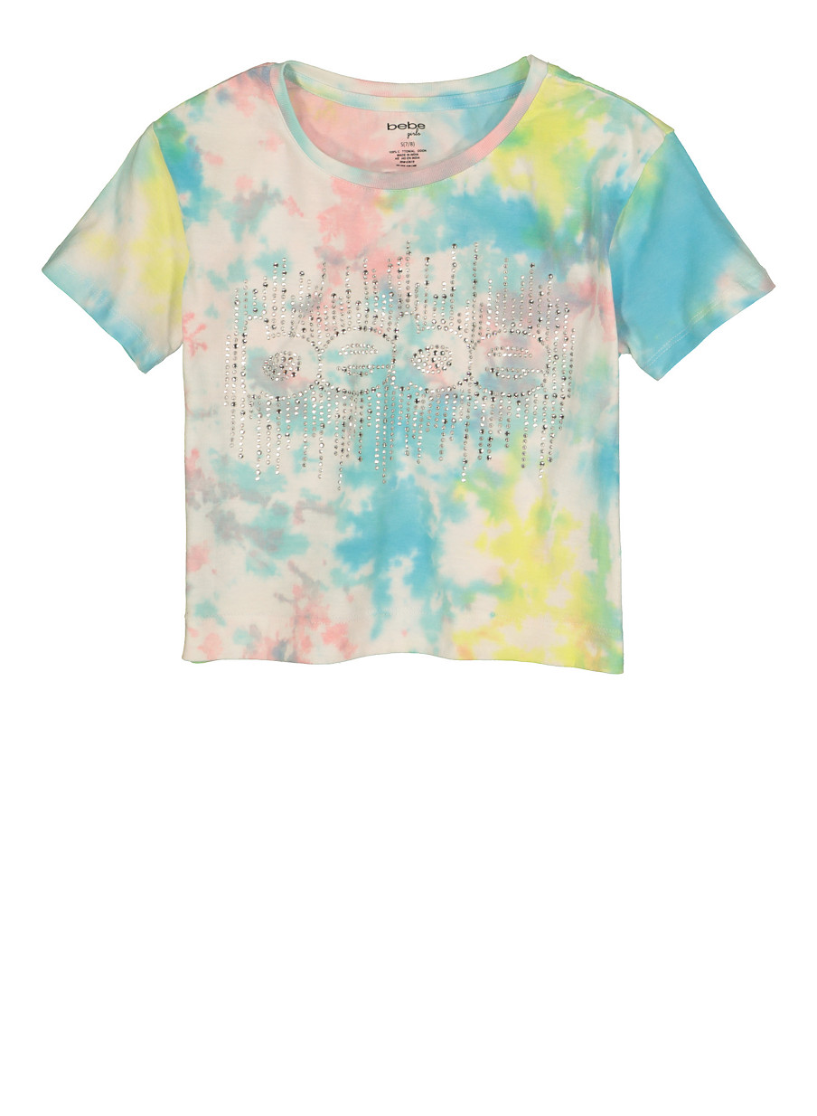 Girls Bebe Rhinestone Graphic Tie Dye Tee