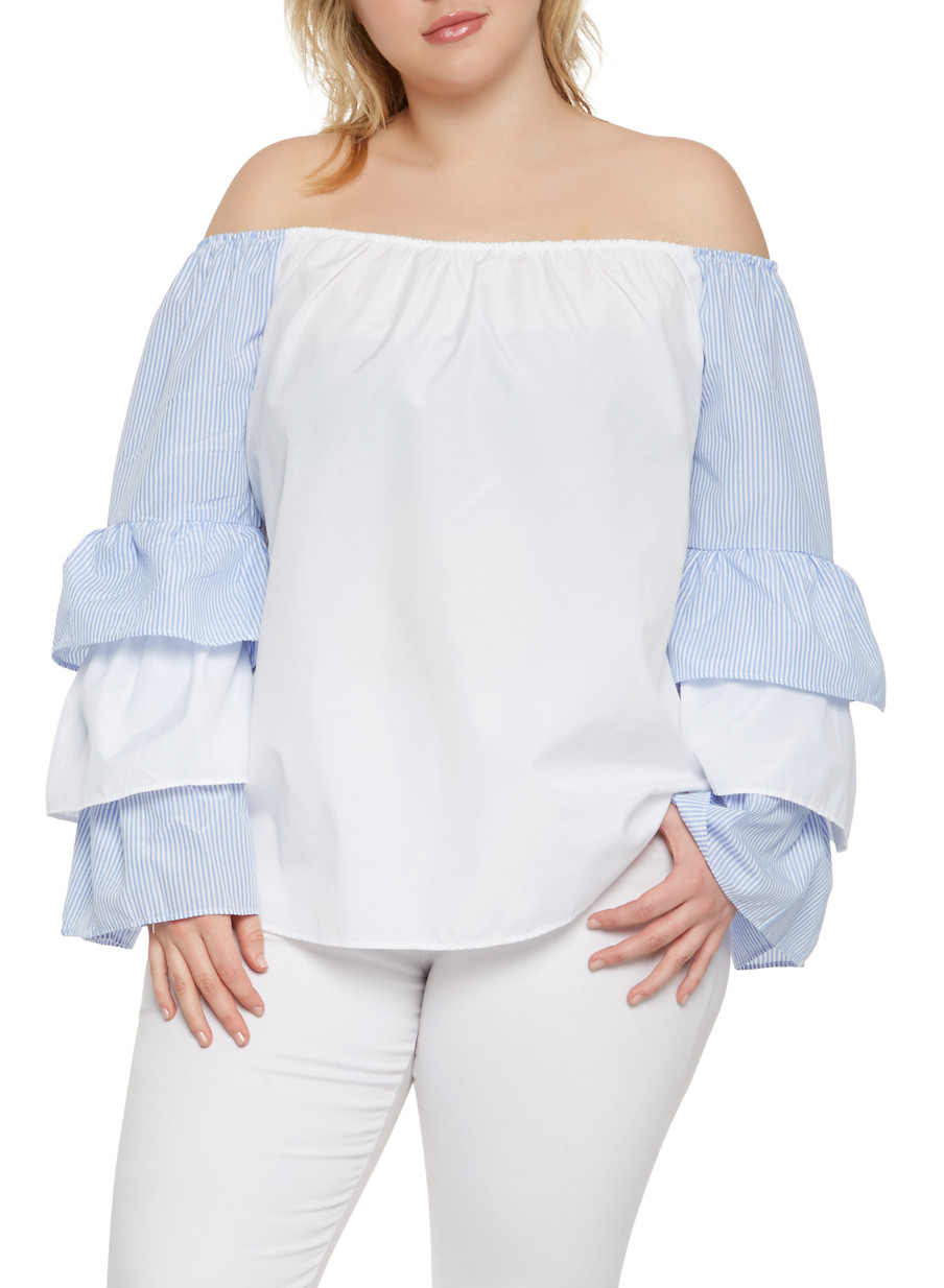 Plus Size Off the Shoulder Striped Sleeve Top