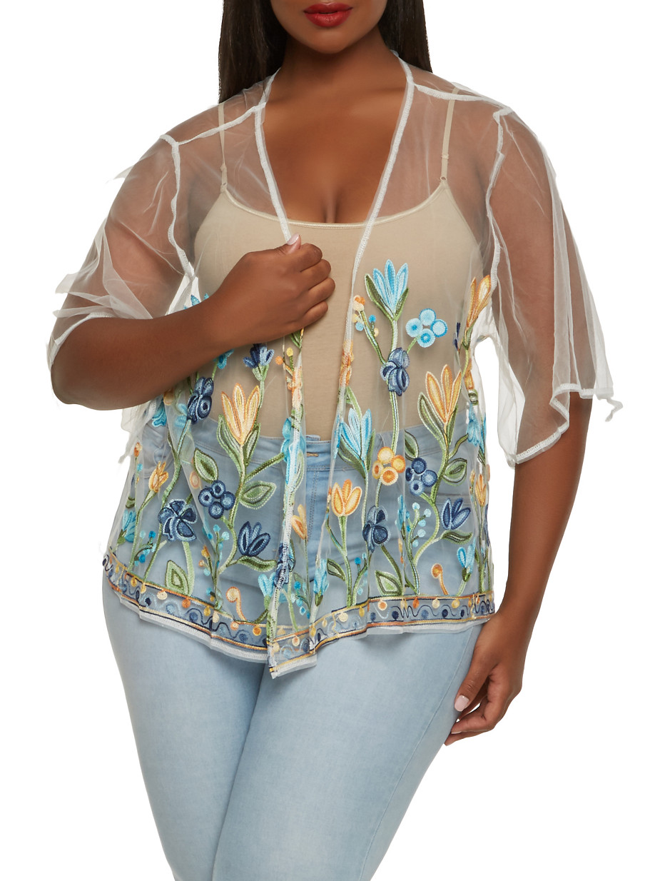 Plus Size Embroidered Mesh Kimono
