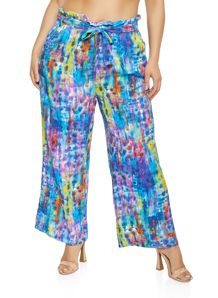 Plus Size Printed Paper Bag Waist Palazzo Pants