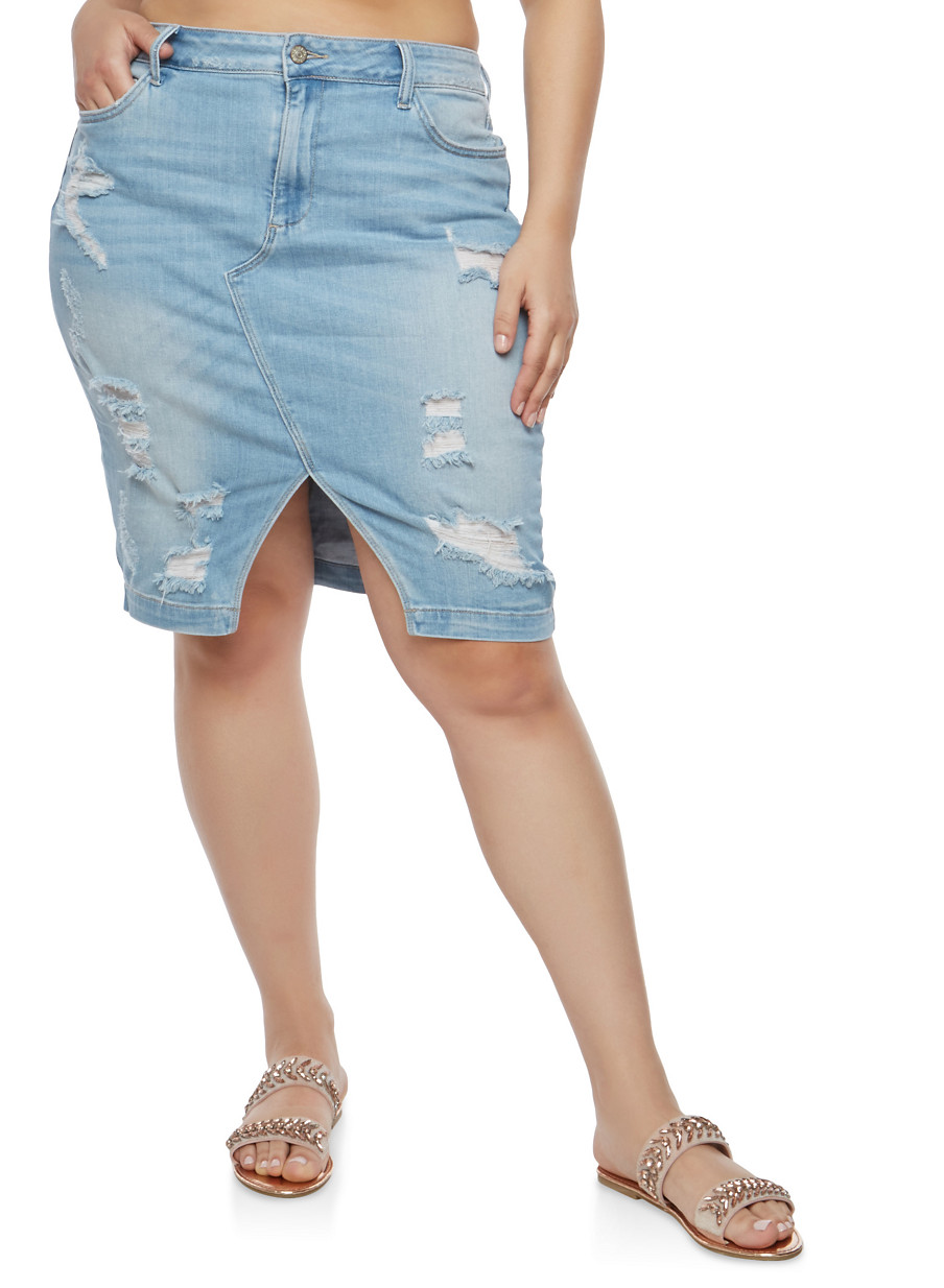 Plus Size Cello Destroyed Denim Skirt