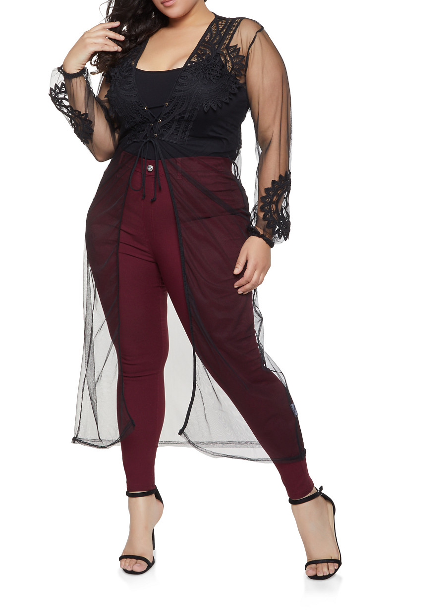 Plus Size Crochet Trim Mesh Duster
