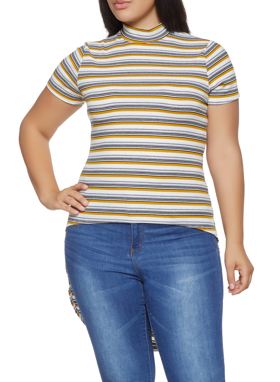 Plus Size Striped Rib Knit High Low Top