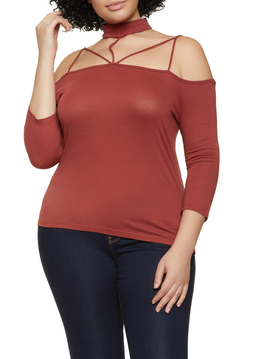 plus size red cold shoulder top