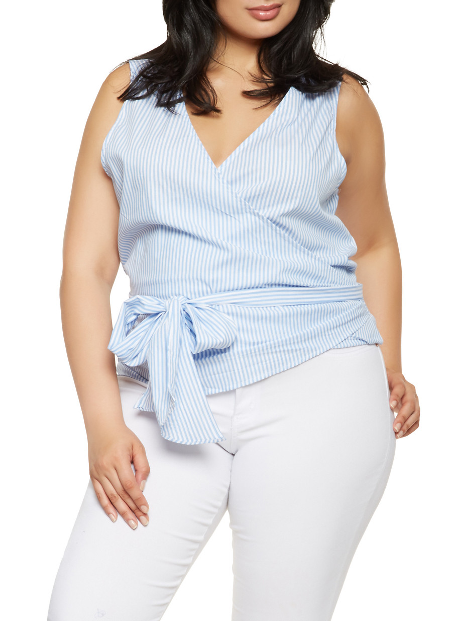 Plus Size Striped Sleeveless Wrap Top