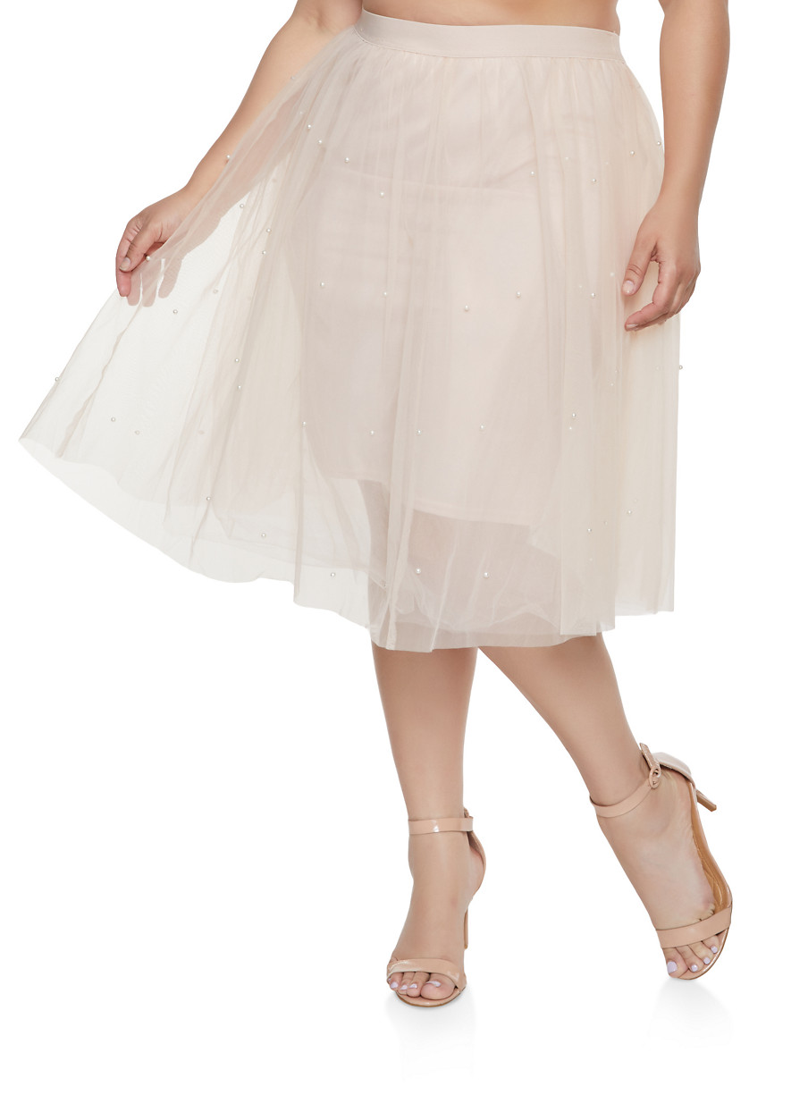 Plus Size Faux Pearl Studded Tulle Skirt