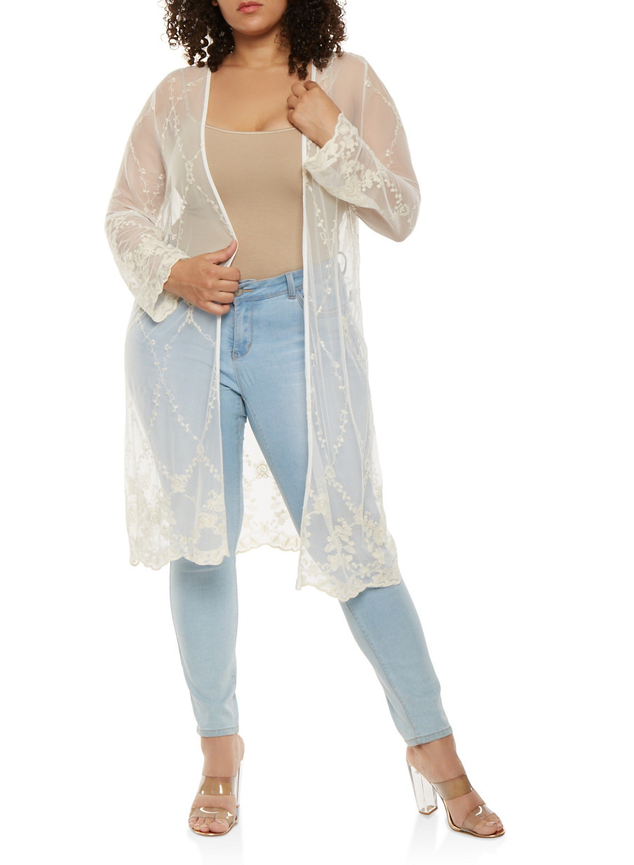 Plus Size Embroidered Mesh Kimono