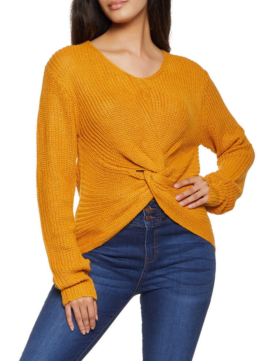 twisted front knit long sleeve sweater