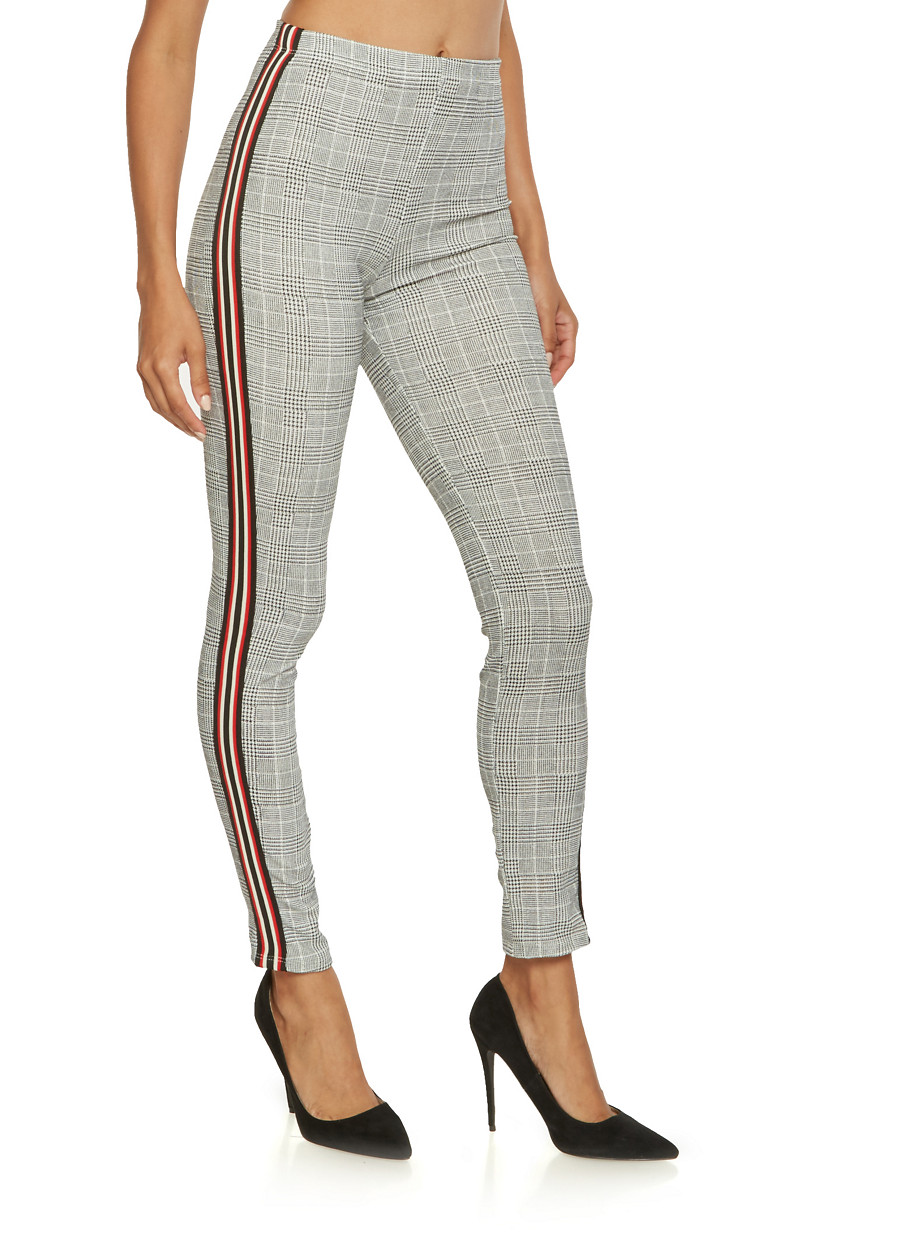 Striped Ribbon Trim Plaid Pants