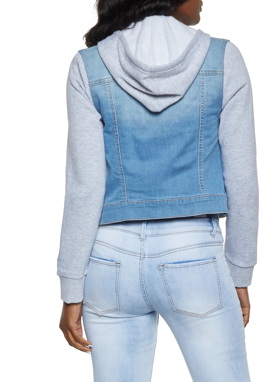 jean jacket with grey hood