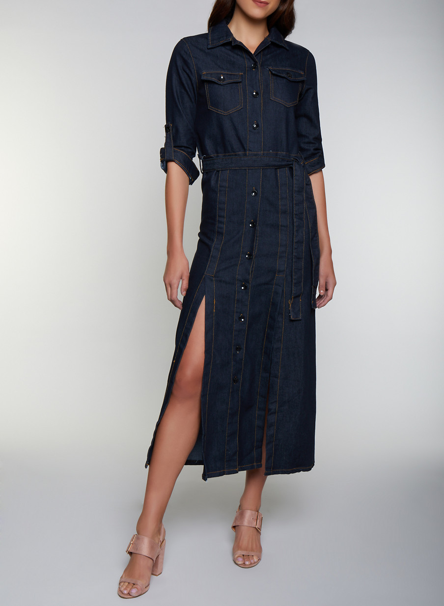 Slit Button Front Denim Dress