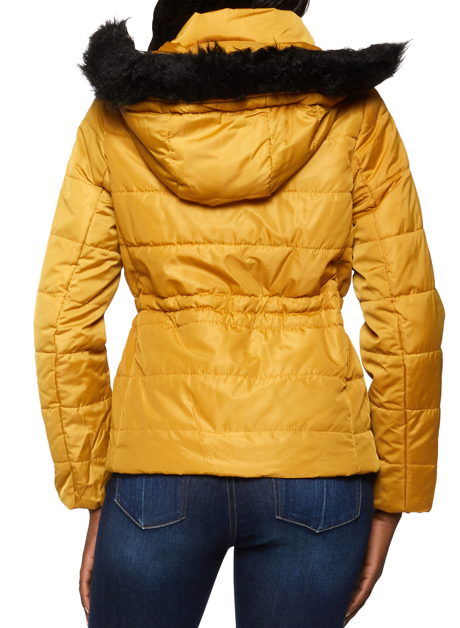 mustard faux fur trim hooded puffer coat