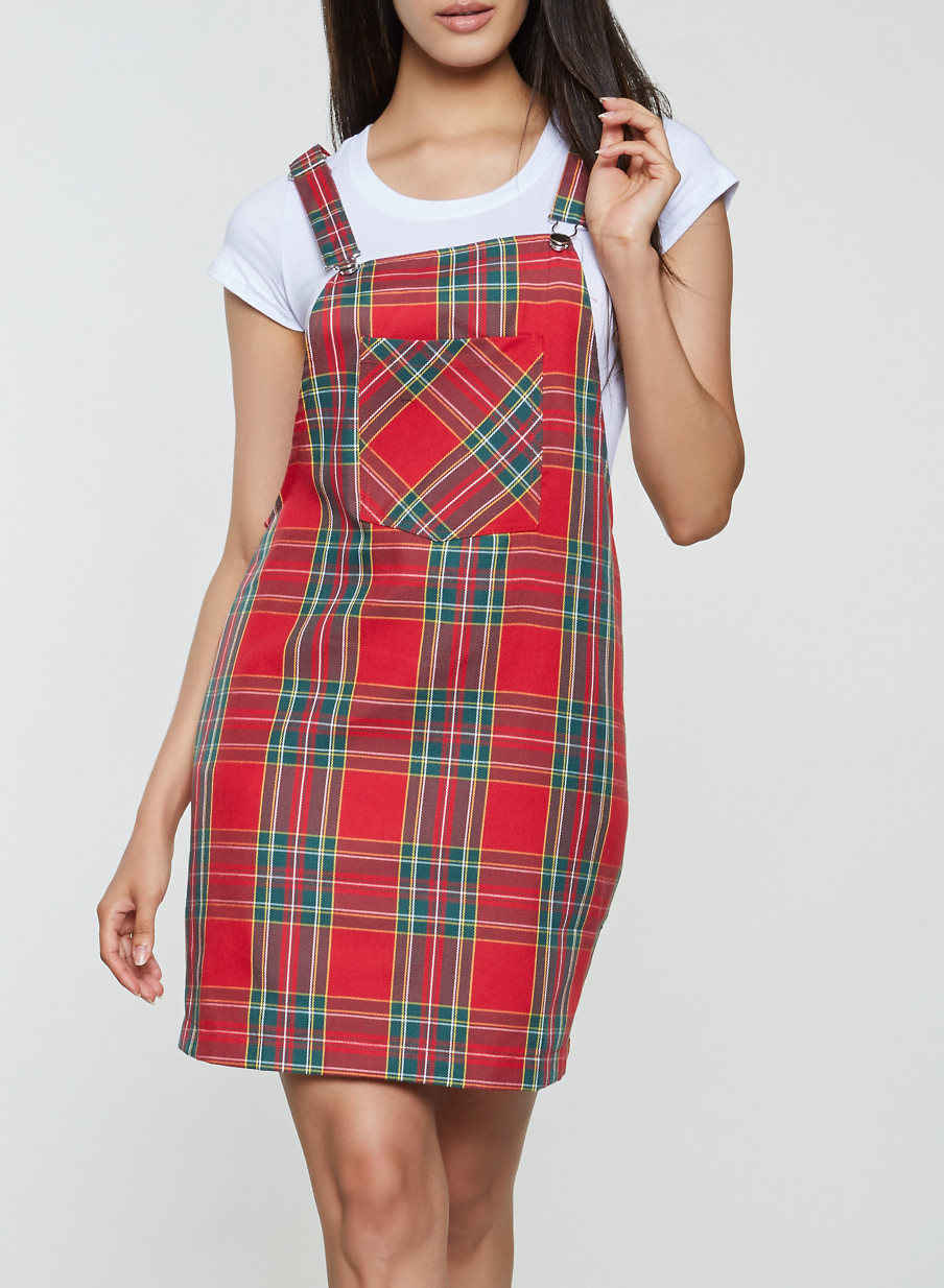 red plaid overall dress
