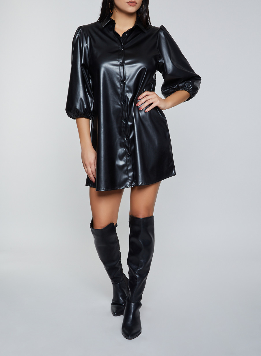 Bubble Sleeve Faux Leather Shirt Dress