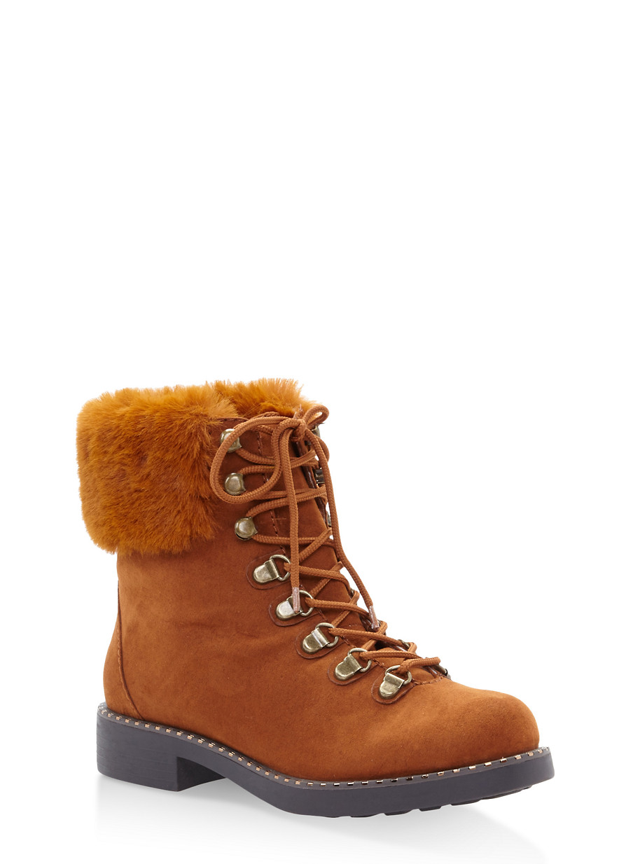 Faux Fur Cuff Lace Up Combat Boots