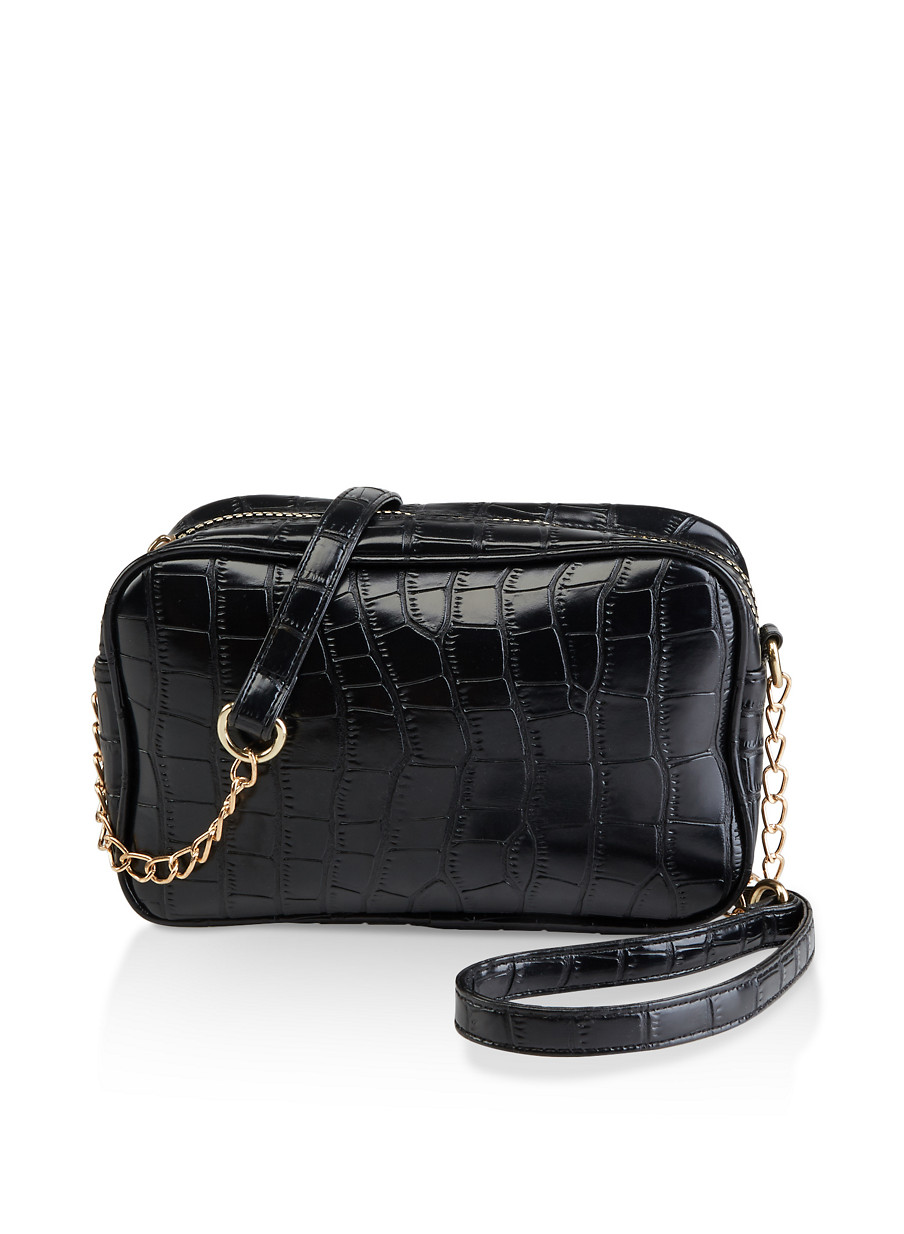 Faux Croc Double Zip Crossbody Bag