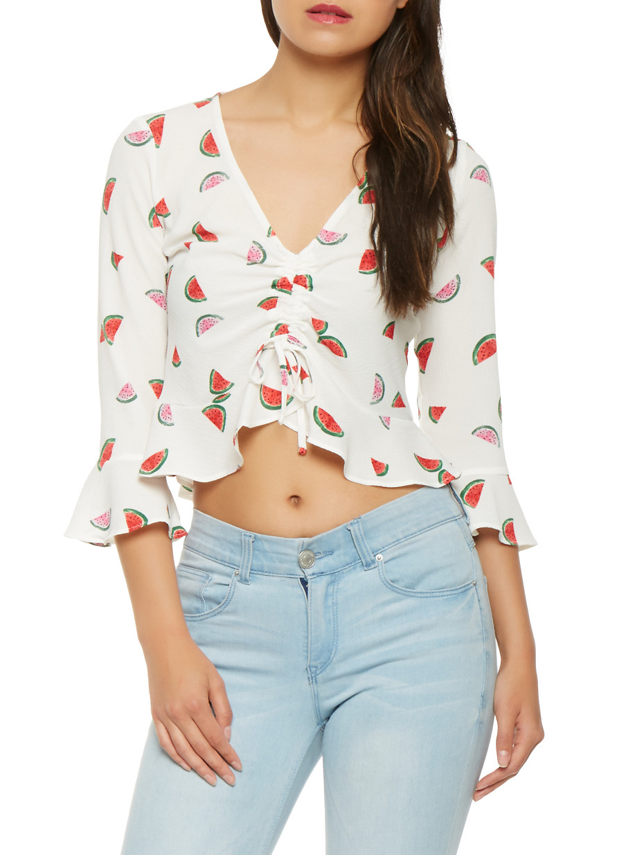 Watermelon Print Drawstring Front Top