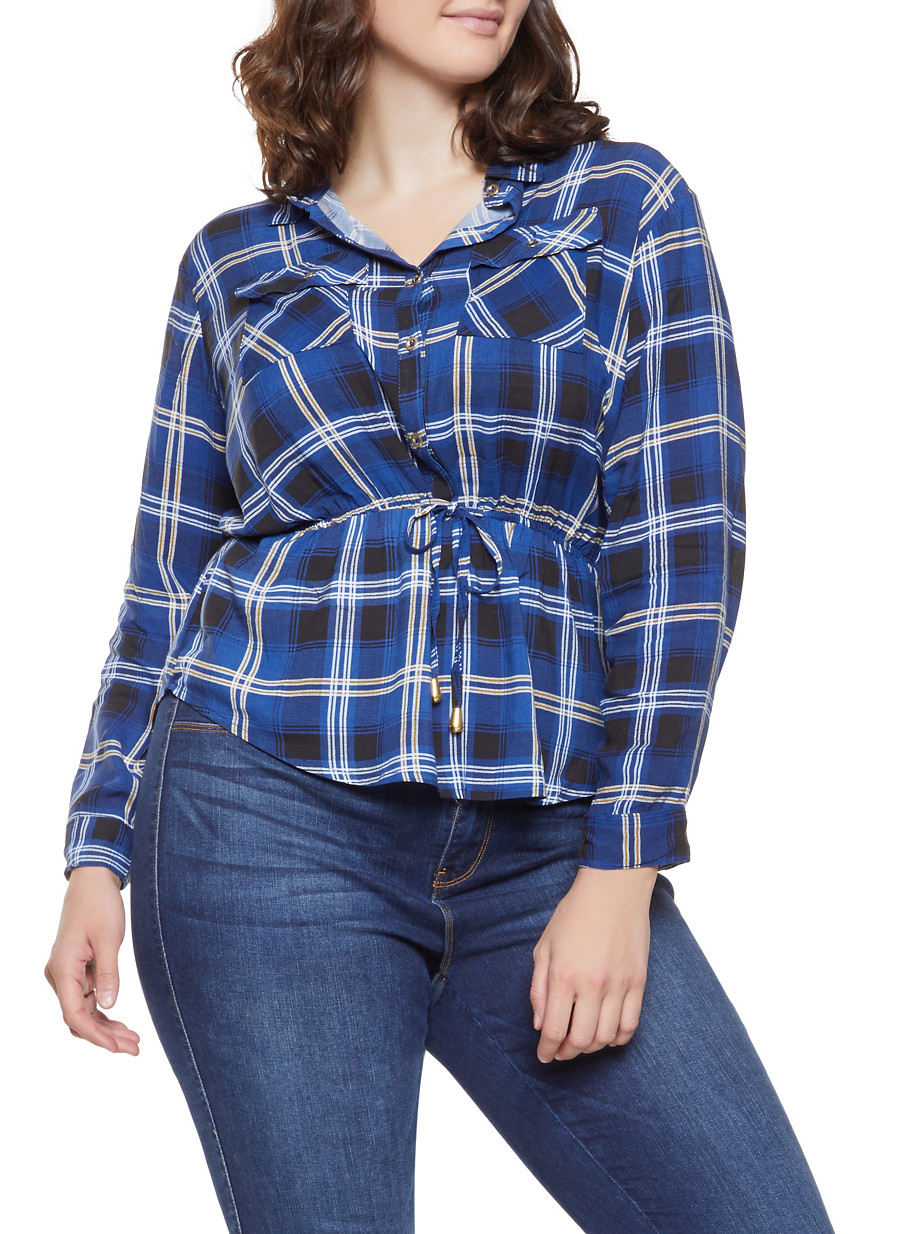 Plus Size Plaid Cinched Waist Shirt