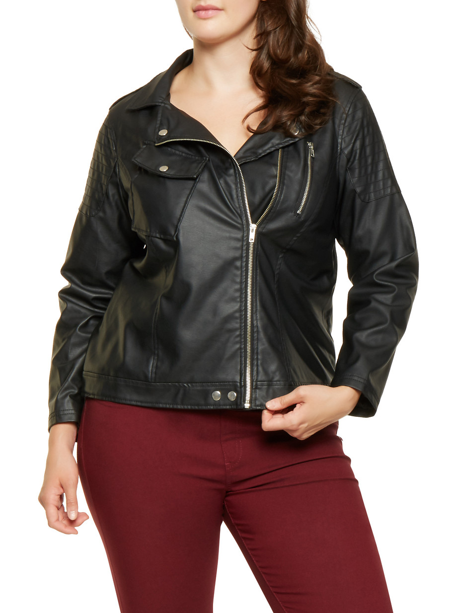 Plus Size Faux Leather Moto Jacket Rainbow Plus Size Faux Leather Moto Jacket Black Large