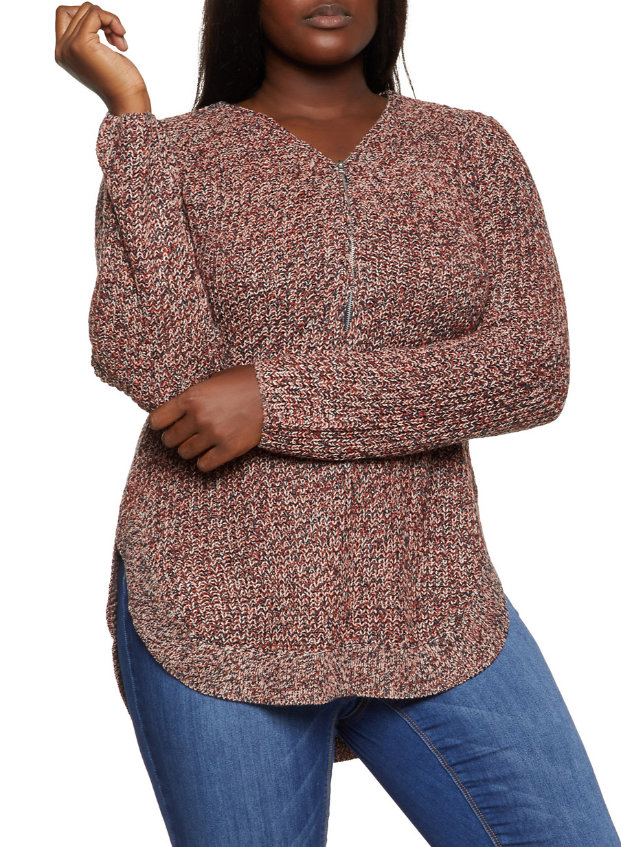 Plus Size Long Sleeve Zipper V Neck Sweater